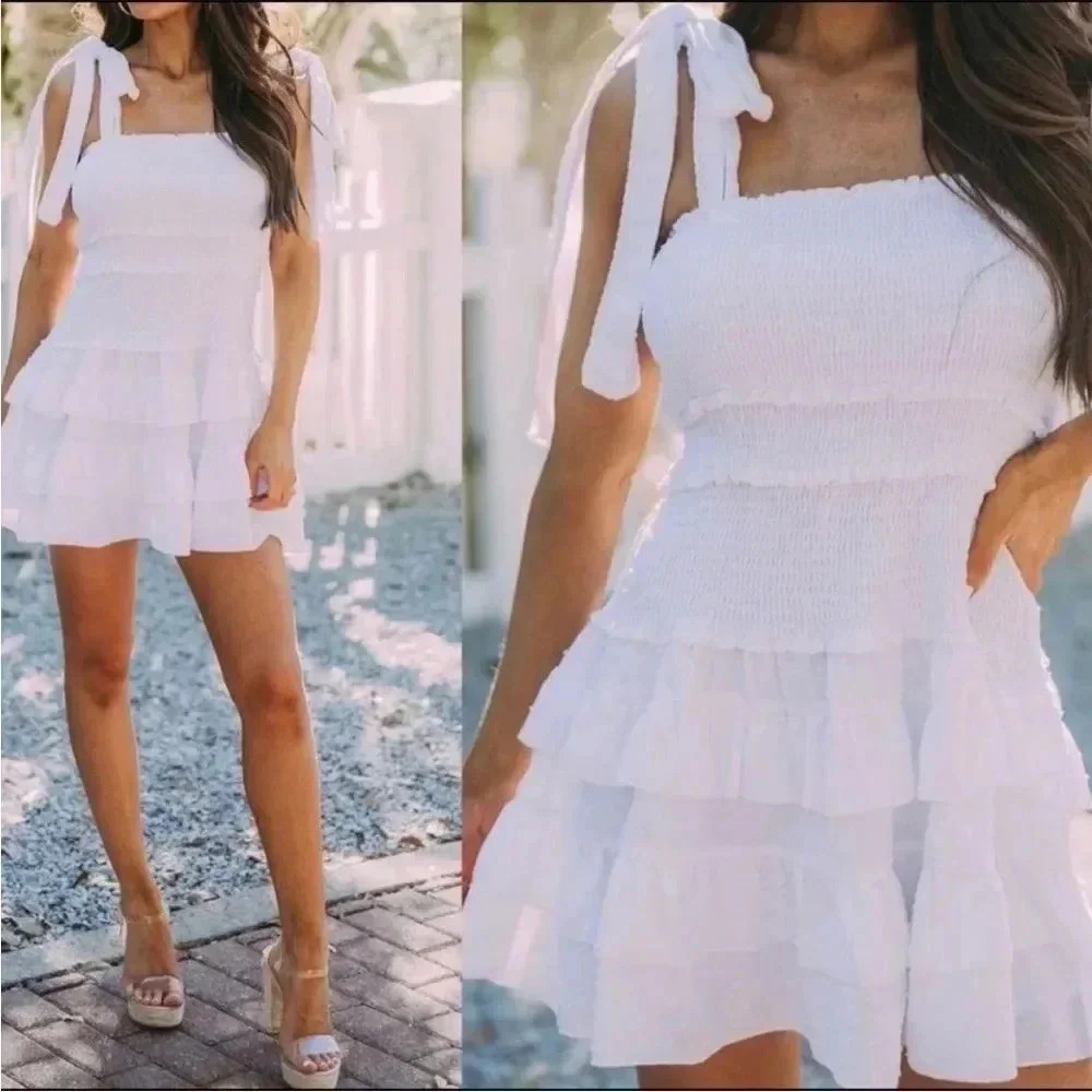 White Graduation Dress NWT Olivaceous Ruffle Tiered Tie Strap Mini Dress M